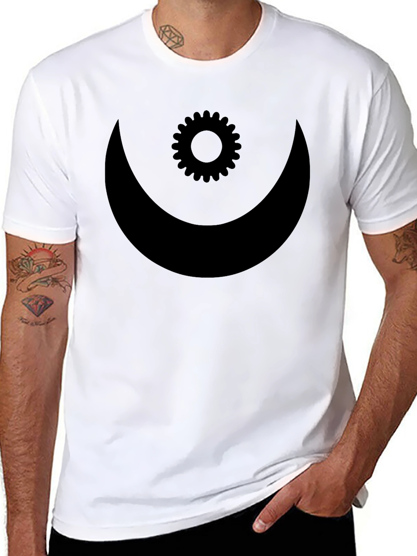 Mens Black T-Shirt with Crescent Moon and Gear Design
