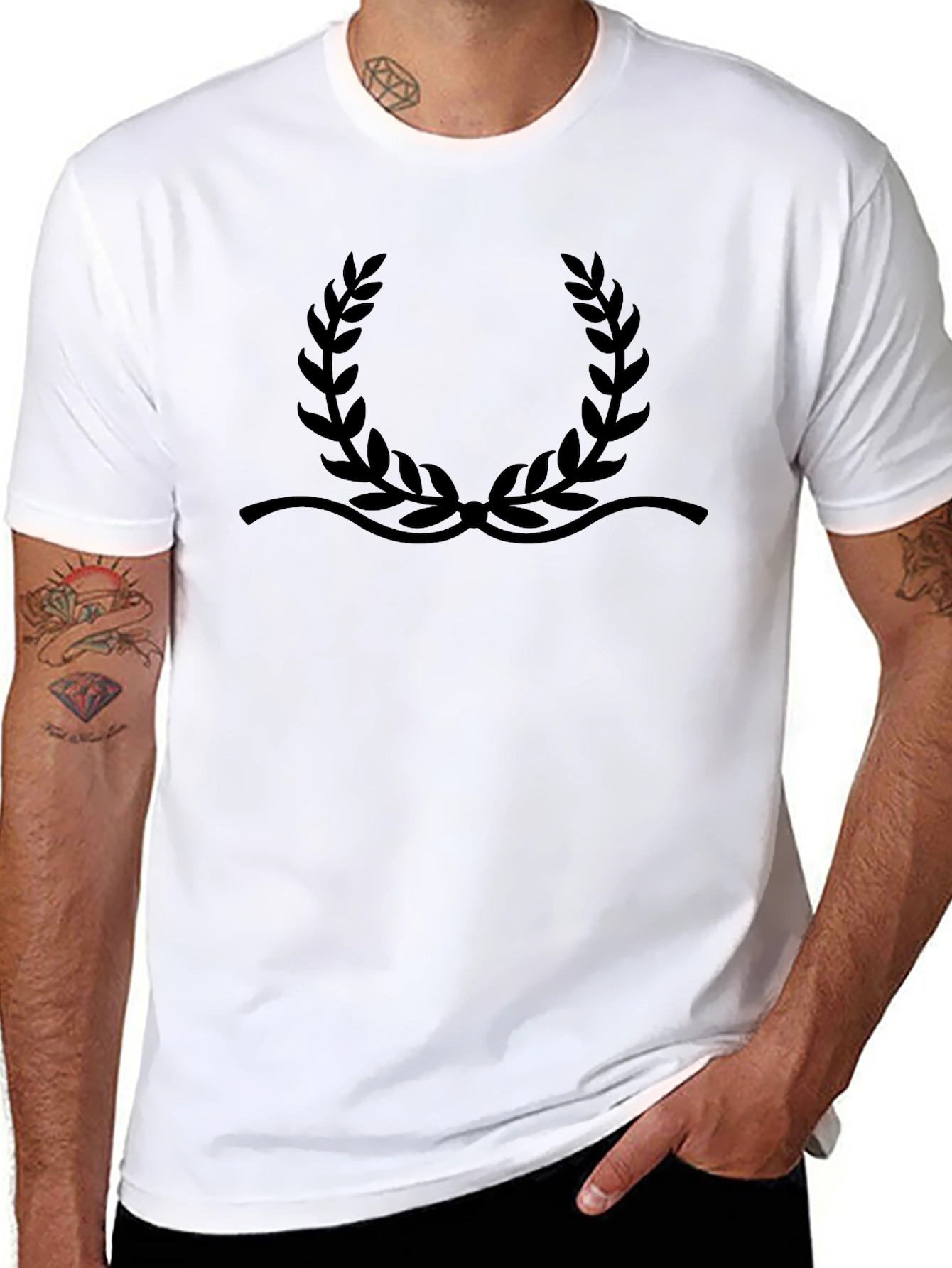Elegant Black T-Shirt with Laurel Wreath Design