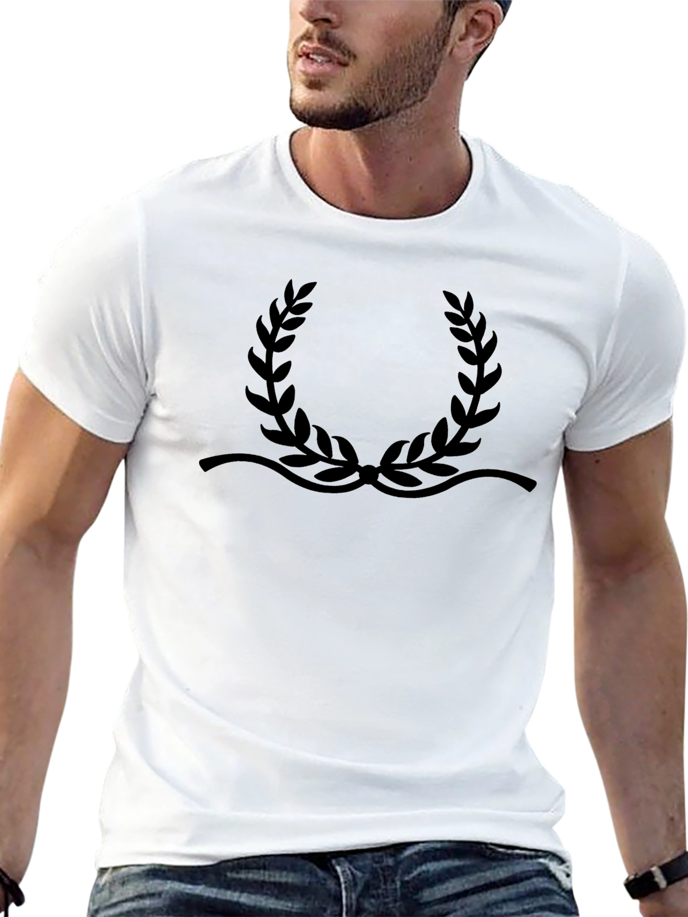 Elegant Black T-Shirt with Laurel Wreath Design