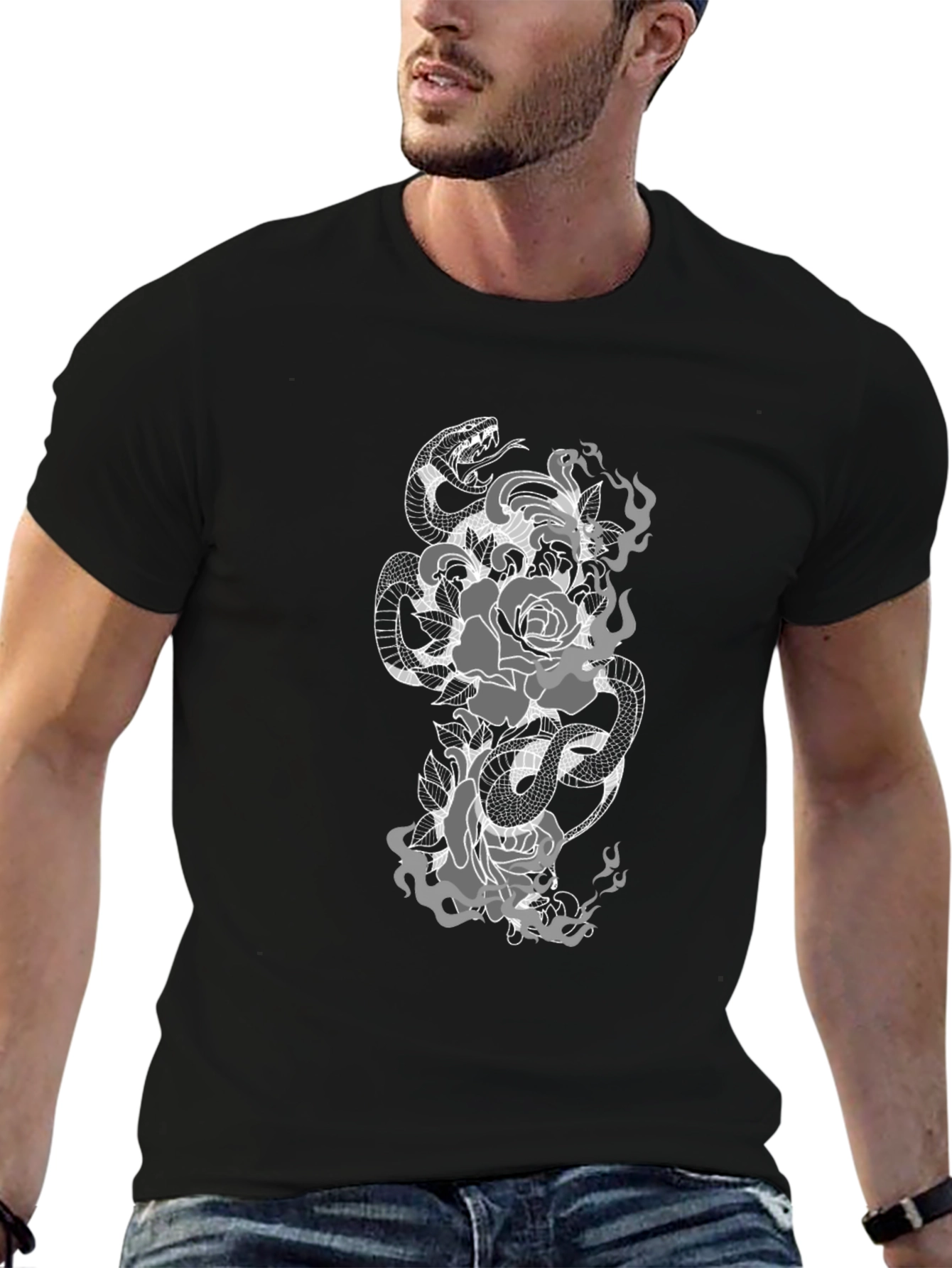 Snake & Roses Graphic Tee - Black Casual Fit