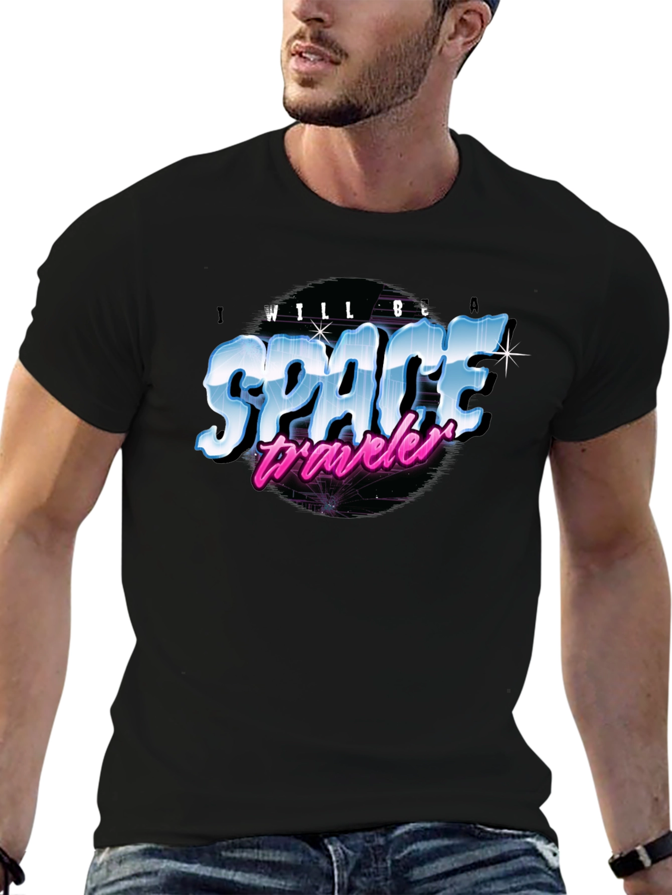 Retro Space Traveler Black T-Shirt