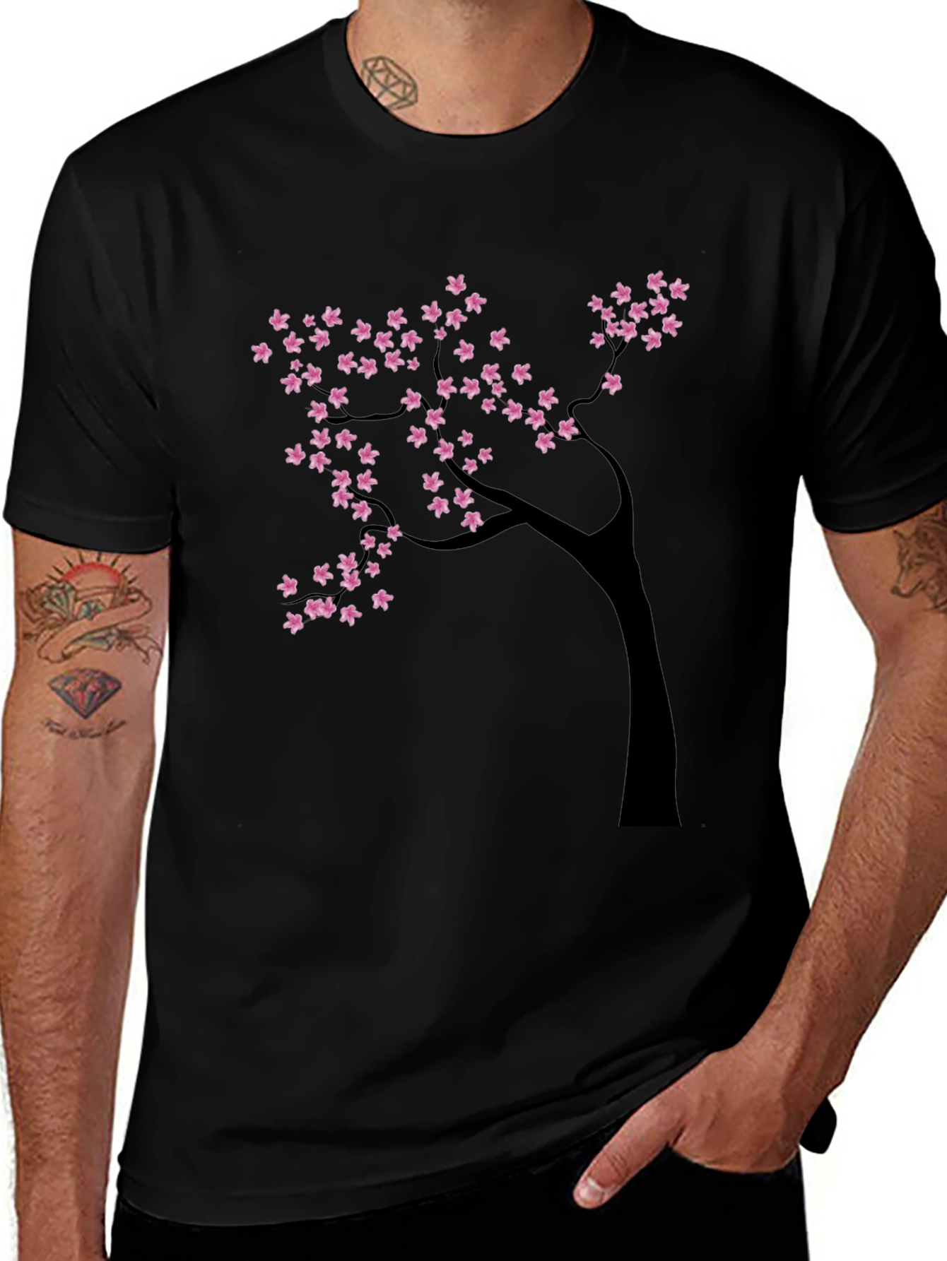 Black T-Shirt with Cherry Blossom Tree Design