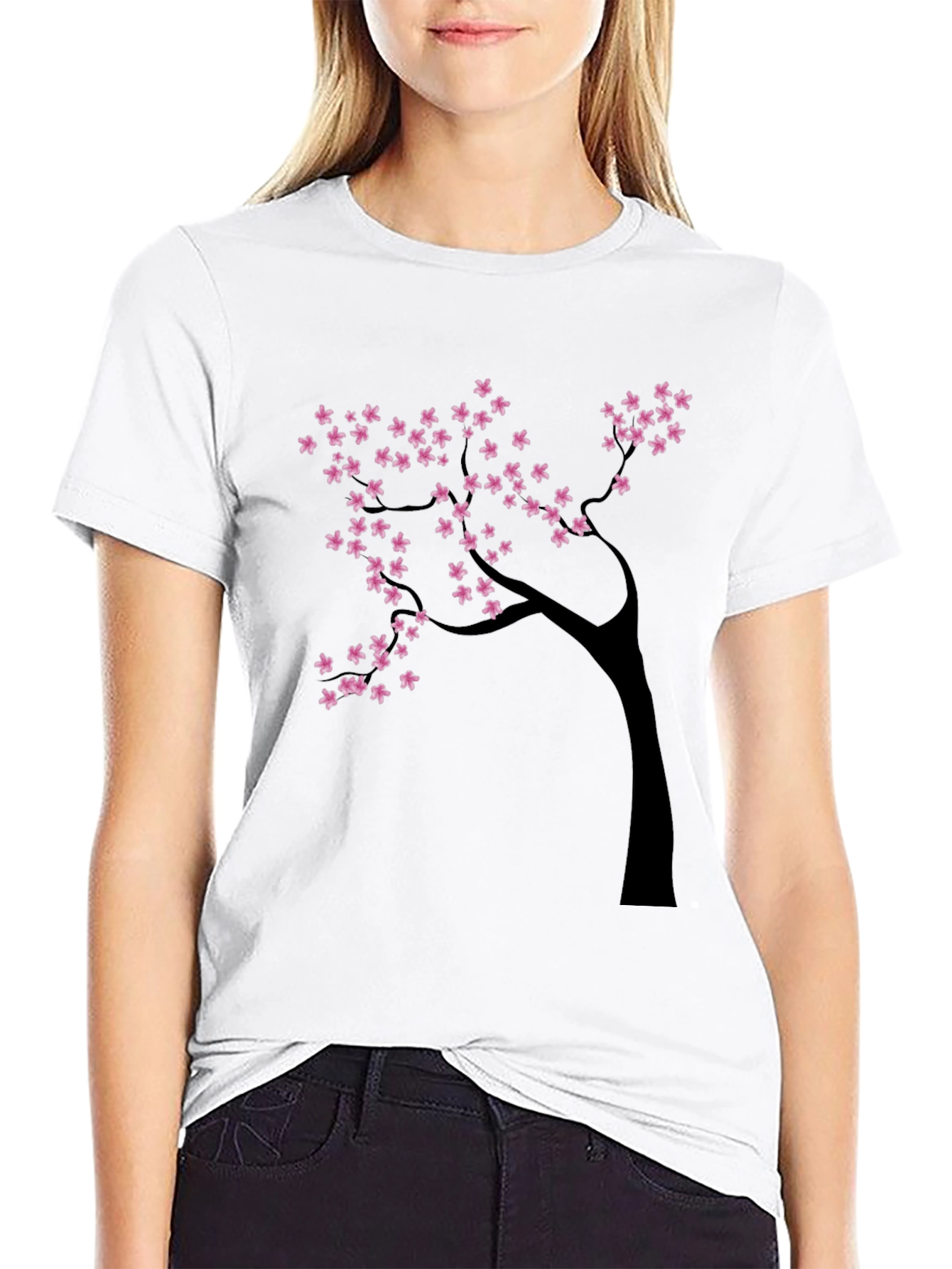 Black T-Shirt with Cherry Blossom Tree Design