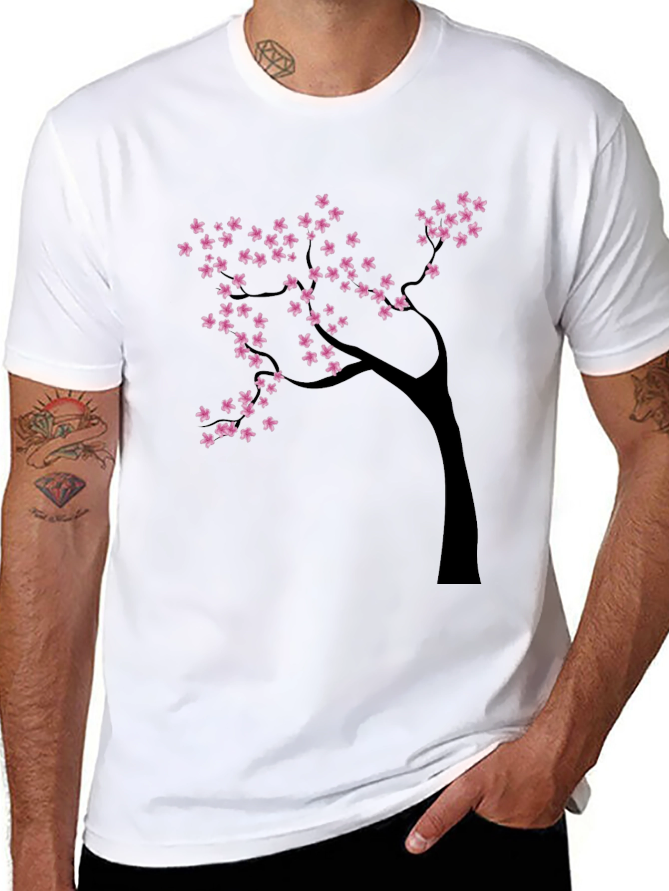 Black T-Shirt with Cherry Blossom Tree Design