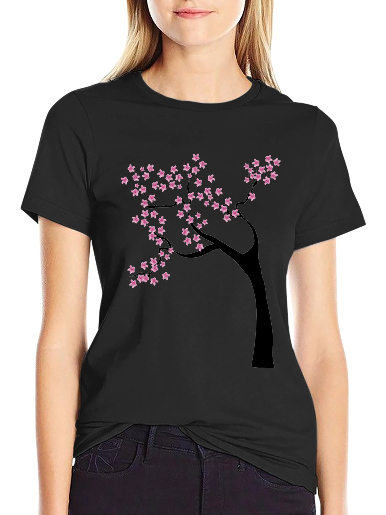 Black T-Shirt with Cherry Blossom Tree Design