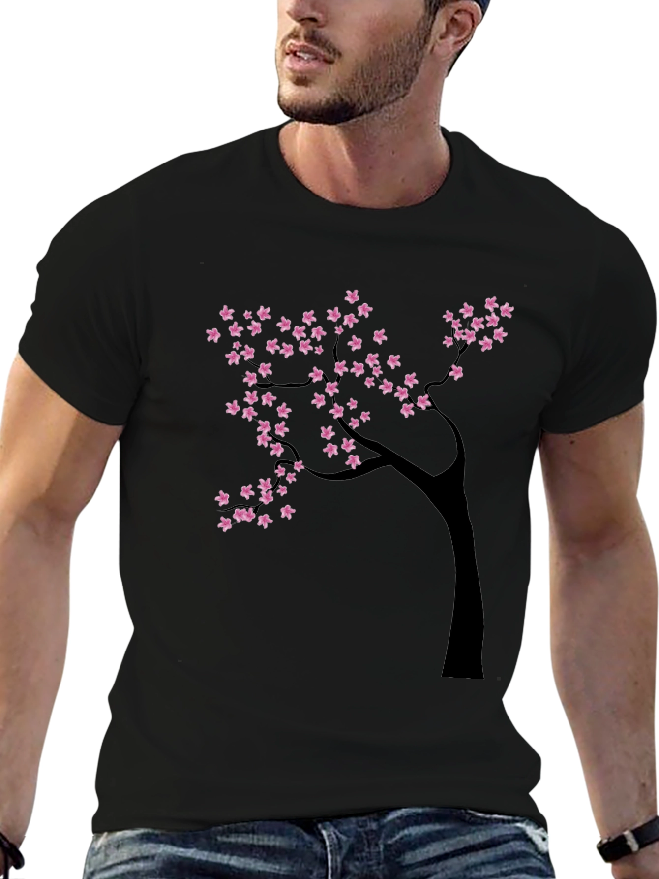 Black T-Shirt with Cherry Blossom Tree Design