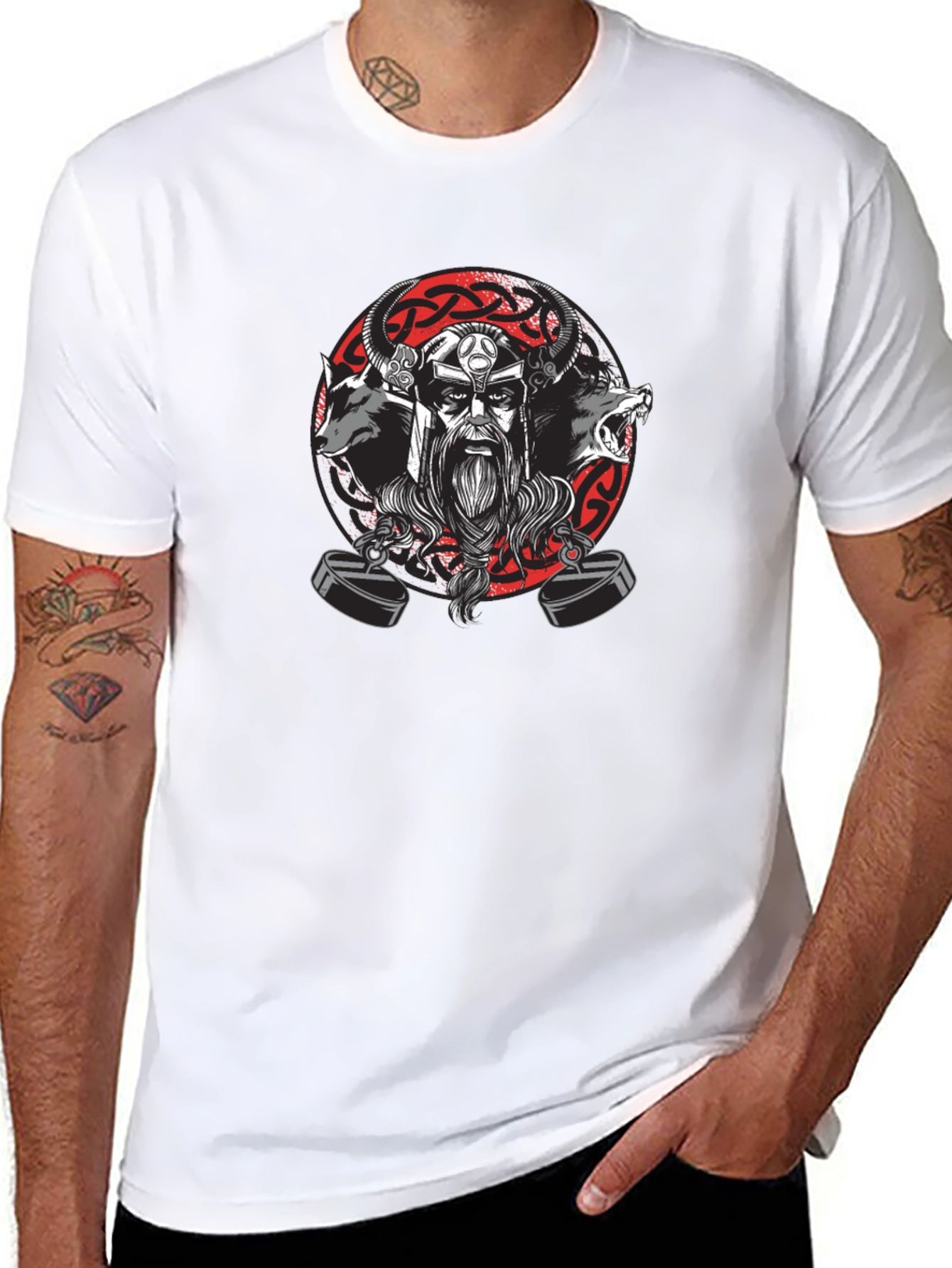 Viking Warrior Black T-Shirt with Wolves