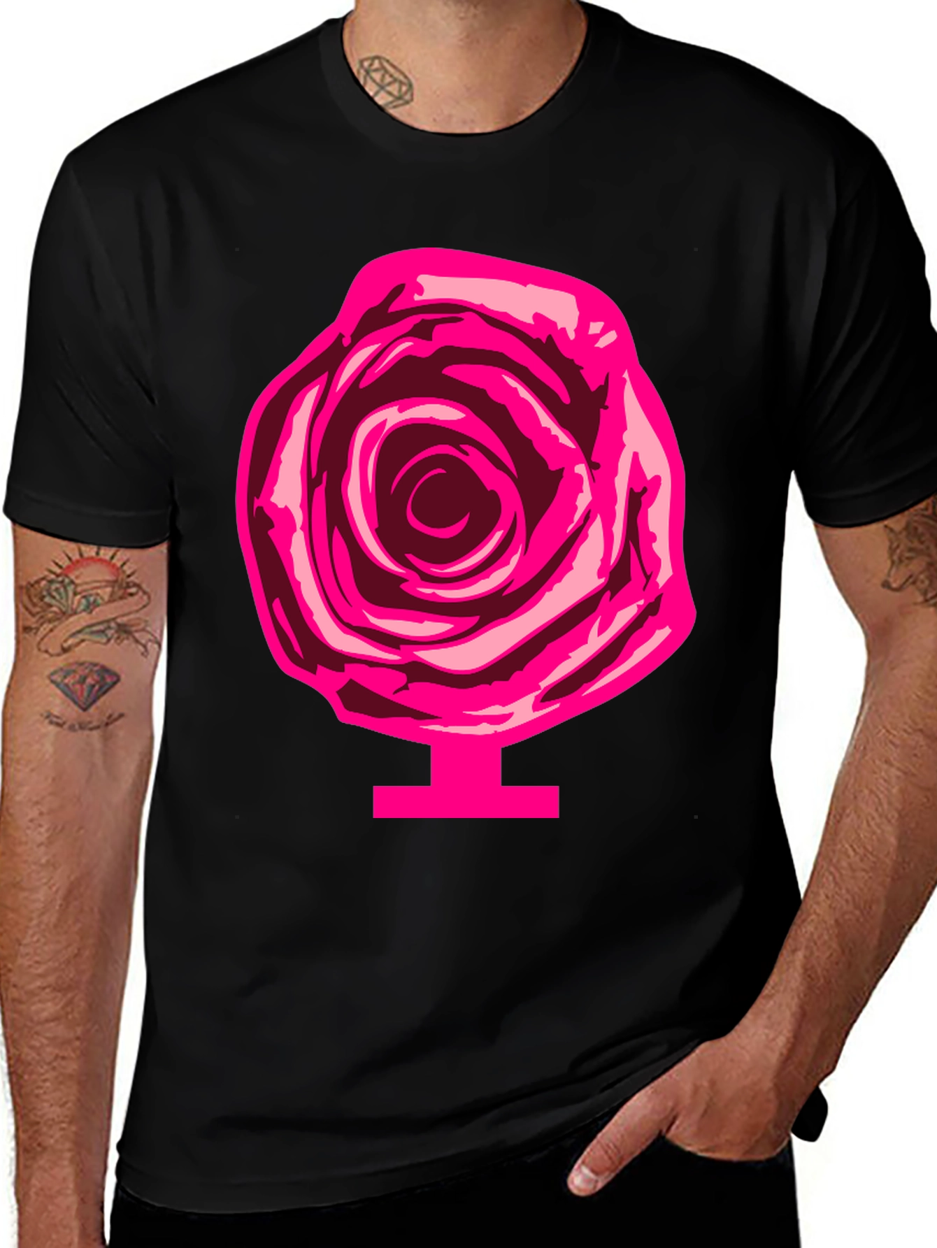 Rose Graphic Print Tee - Black Cotton Casual