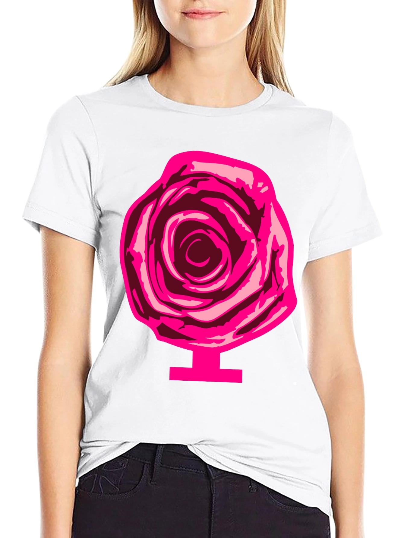 Rose Graphic Print Tee - Black Cotton Casual