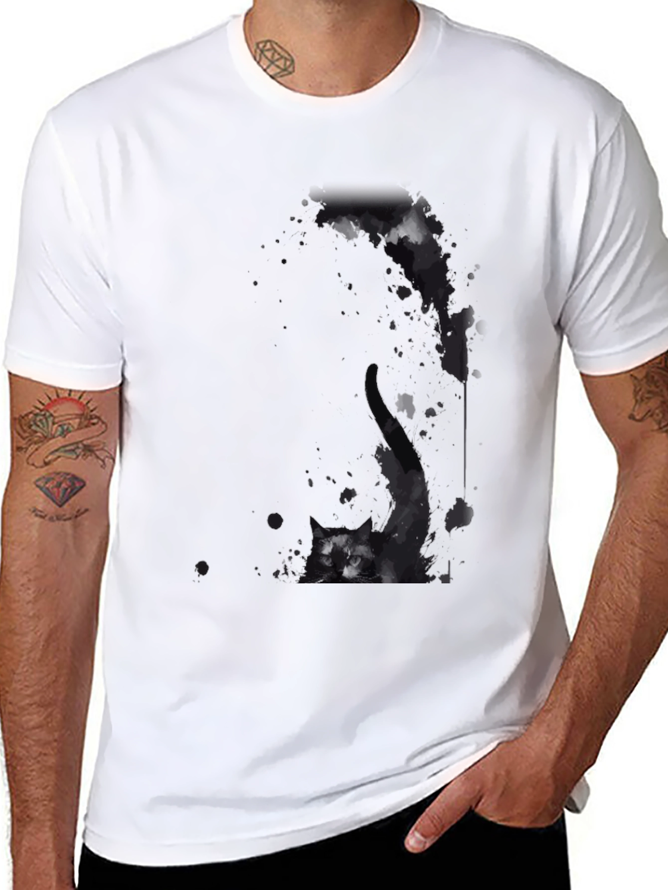 Mens Black T-Shirt with Cat Graphic