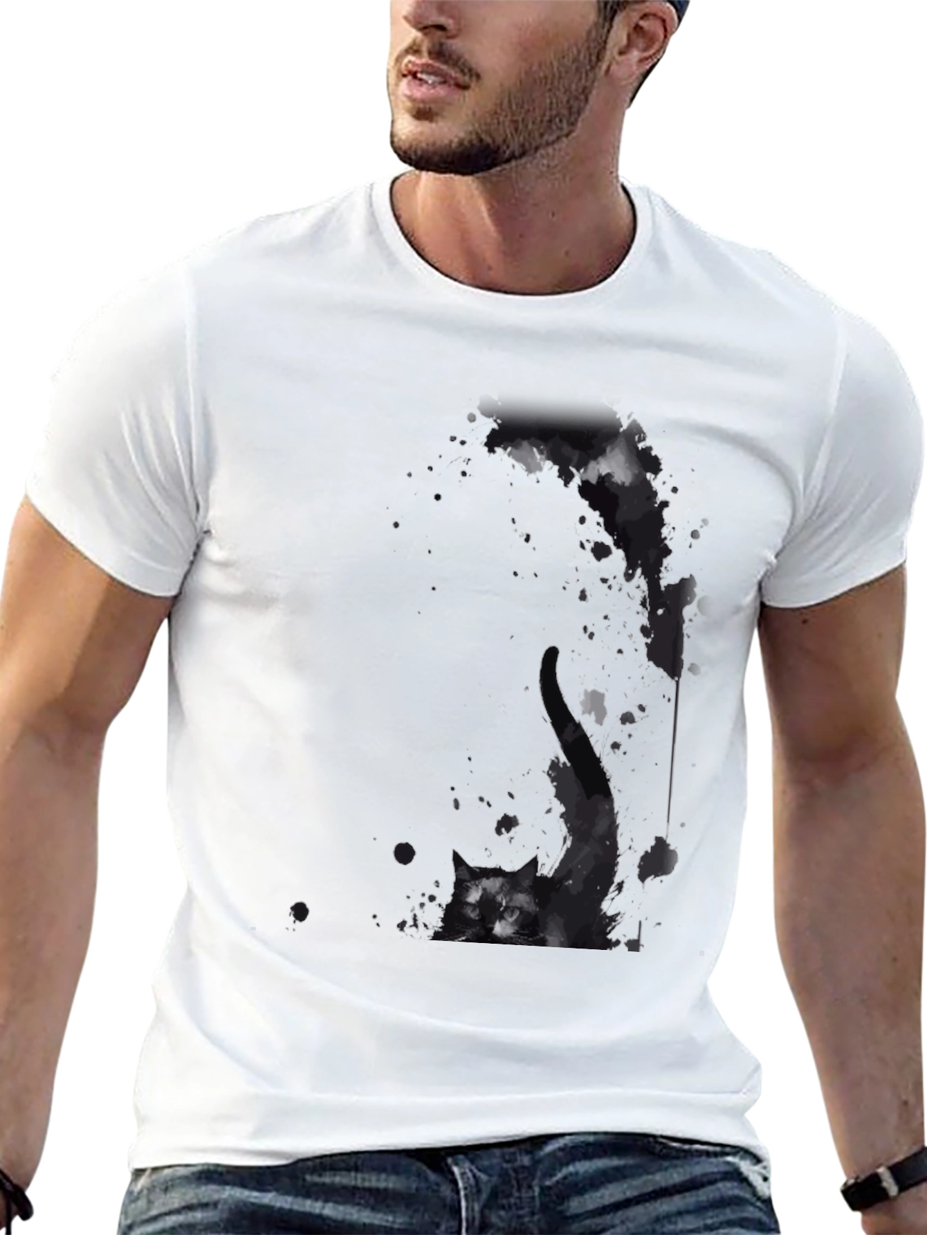 Mens Black T-Shirt with Cat Graphic