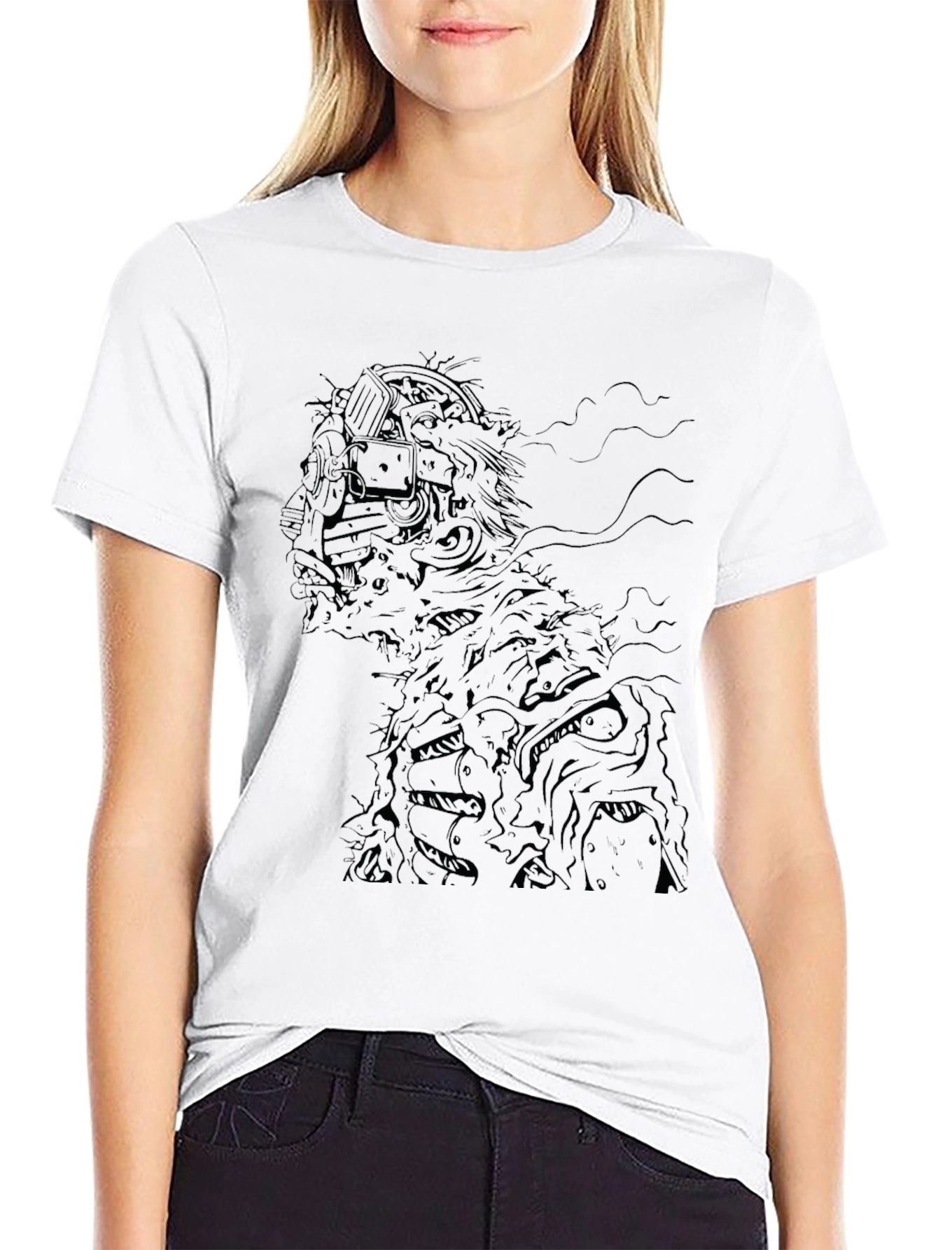 Cyberpunk Zombie Graphic Print Black T-Shirt