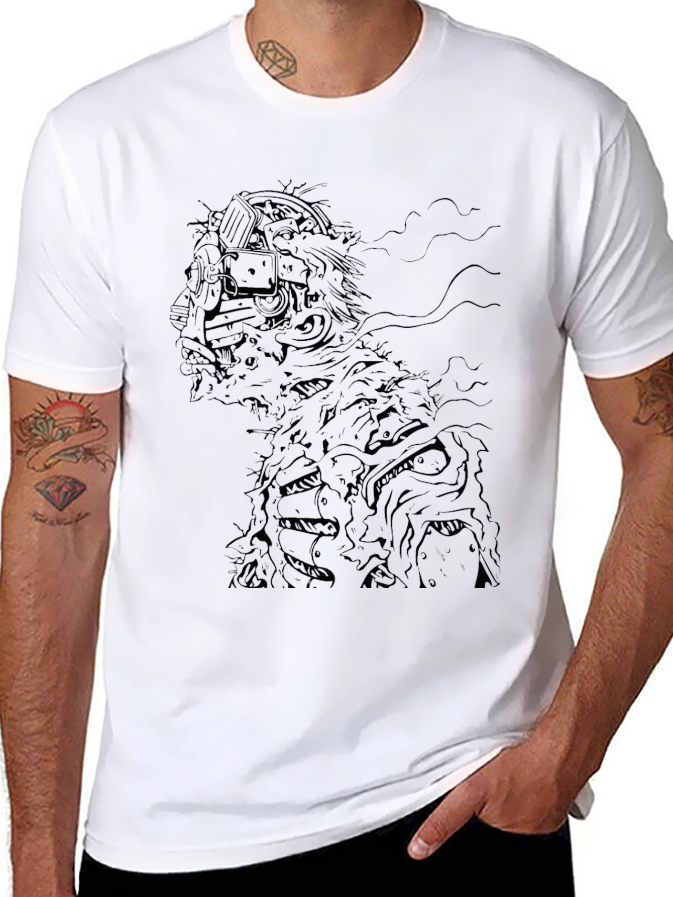 Cyberpunk Zombie Graphic Print Black T-Shirt