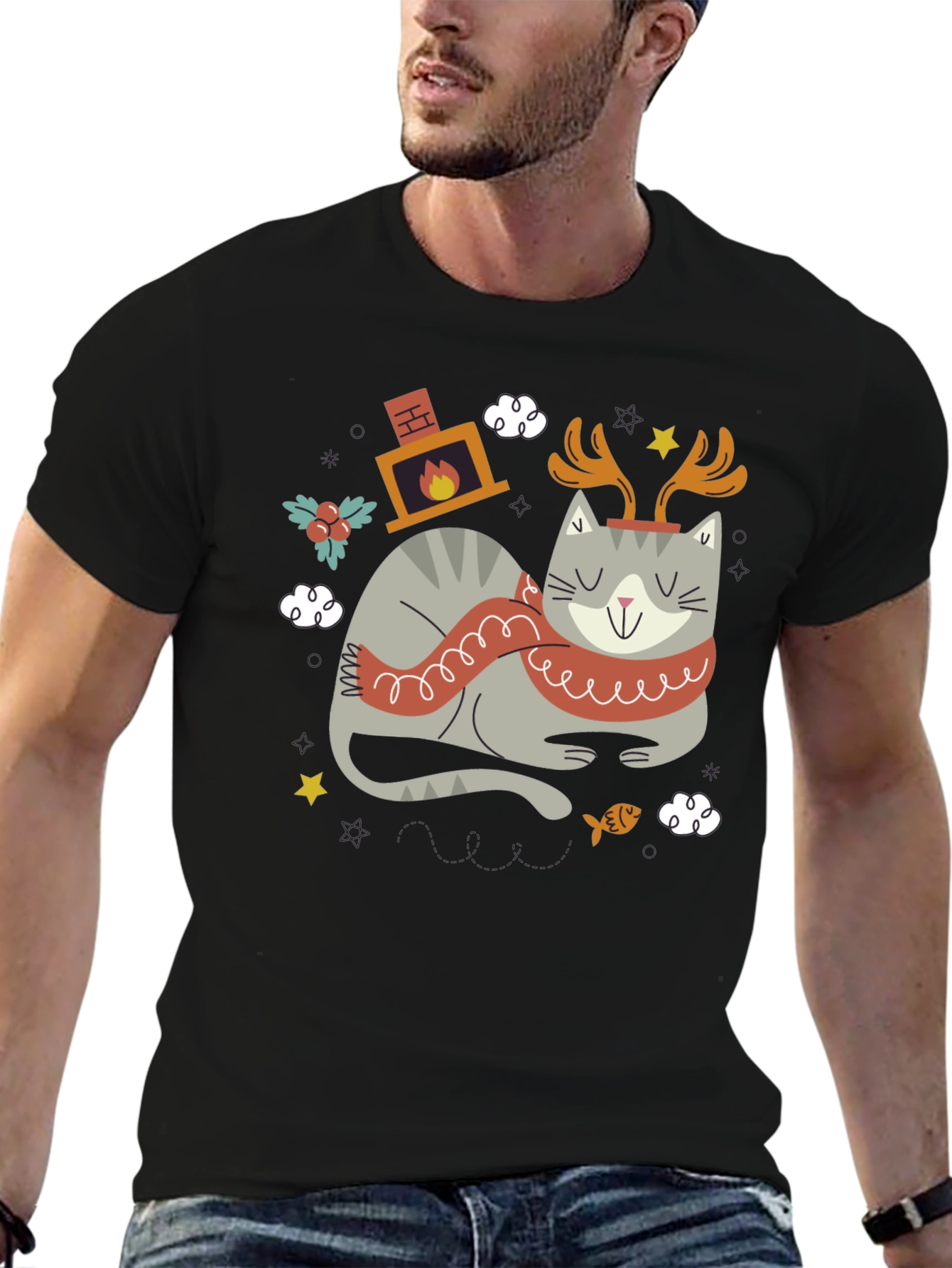 Festive Cat Graphic Tee - Holiday Cheer