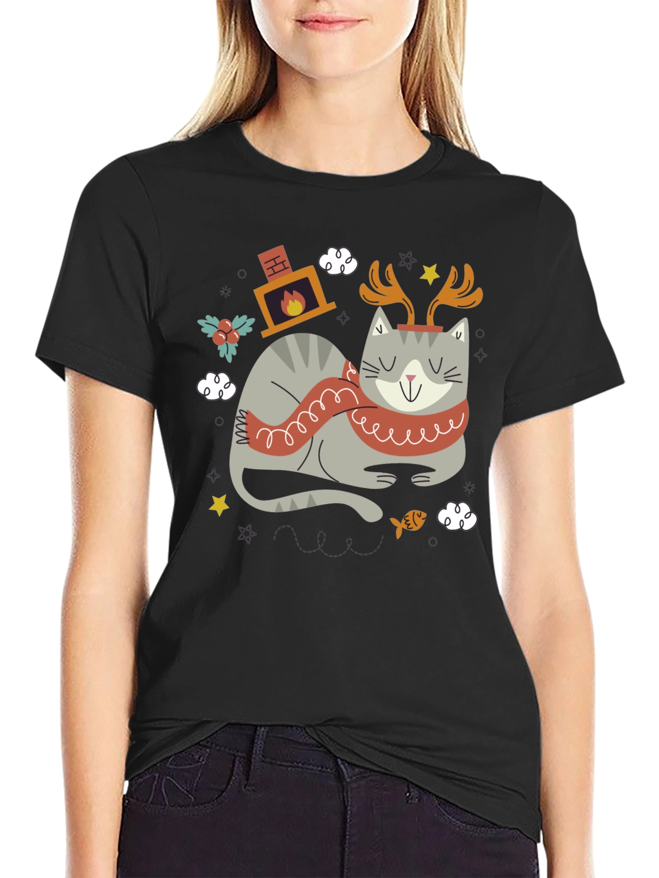 Festive Cat Graphic Tee - Holiday Cheer