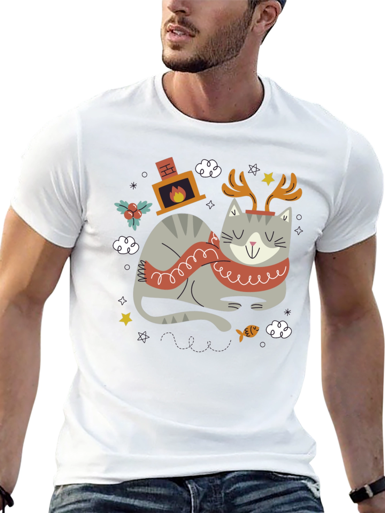 Festive Cat Graphic Tee - Holiday Cheer
