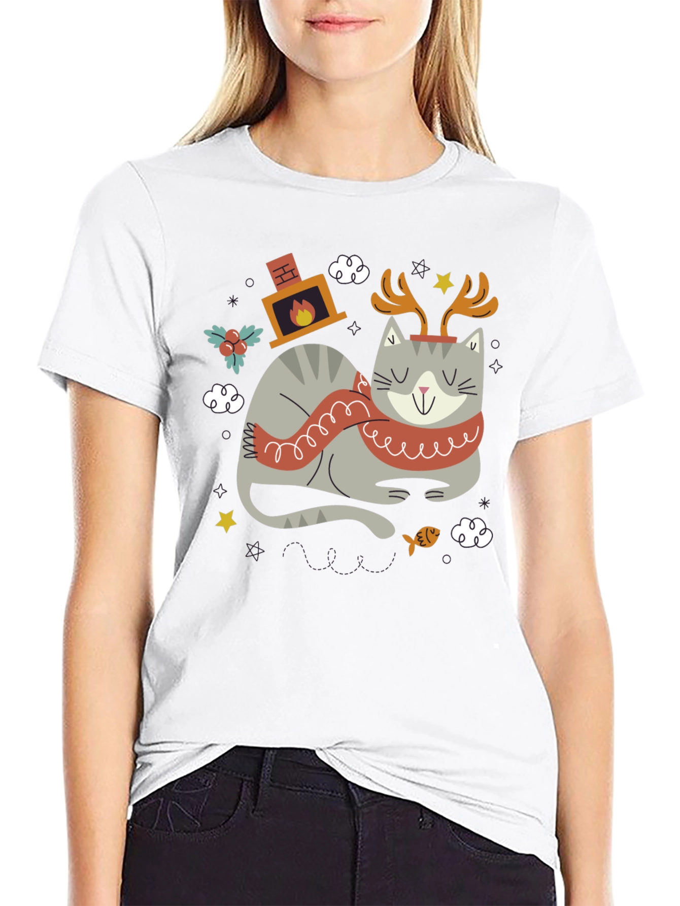 Festive Cat Graphic Tee - Holiday Cheer