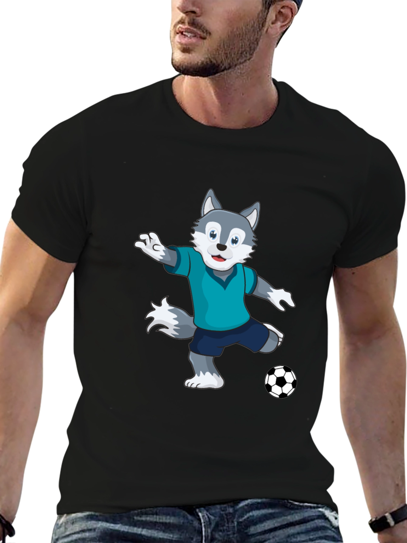 Cool Wolf Soccer Player Black T-Shirt
