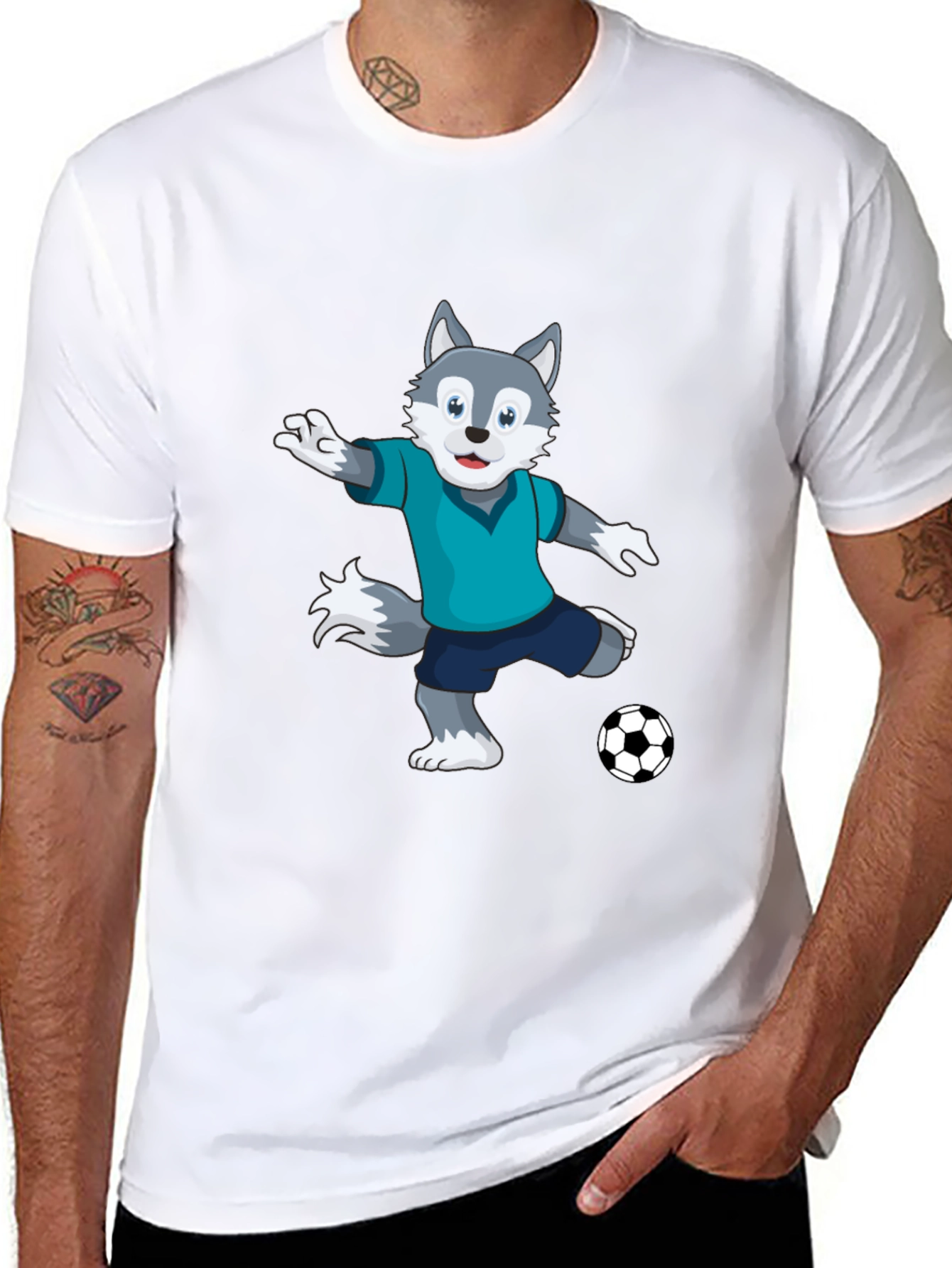 Cool Wolf Soccer Player Black T-Shirt