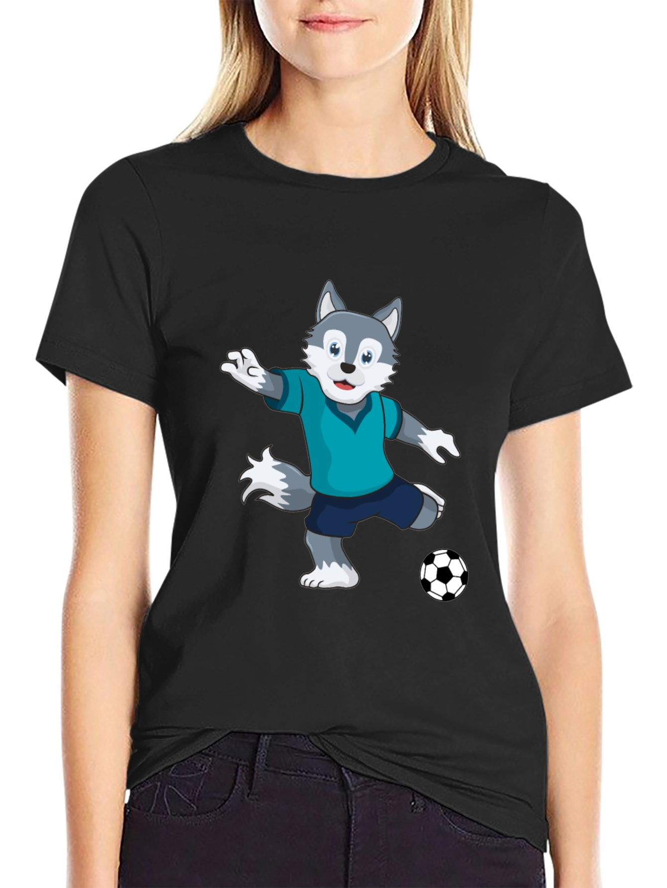 Cool Wolf Soccer Player Black T-Shirt