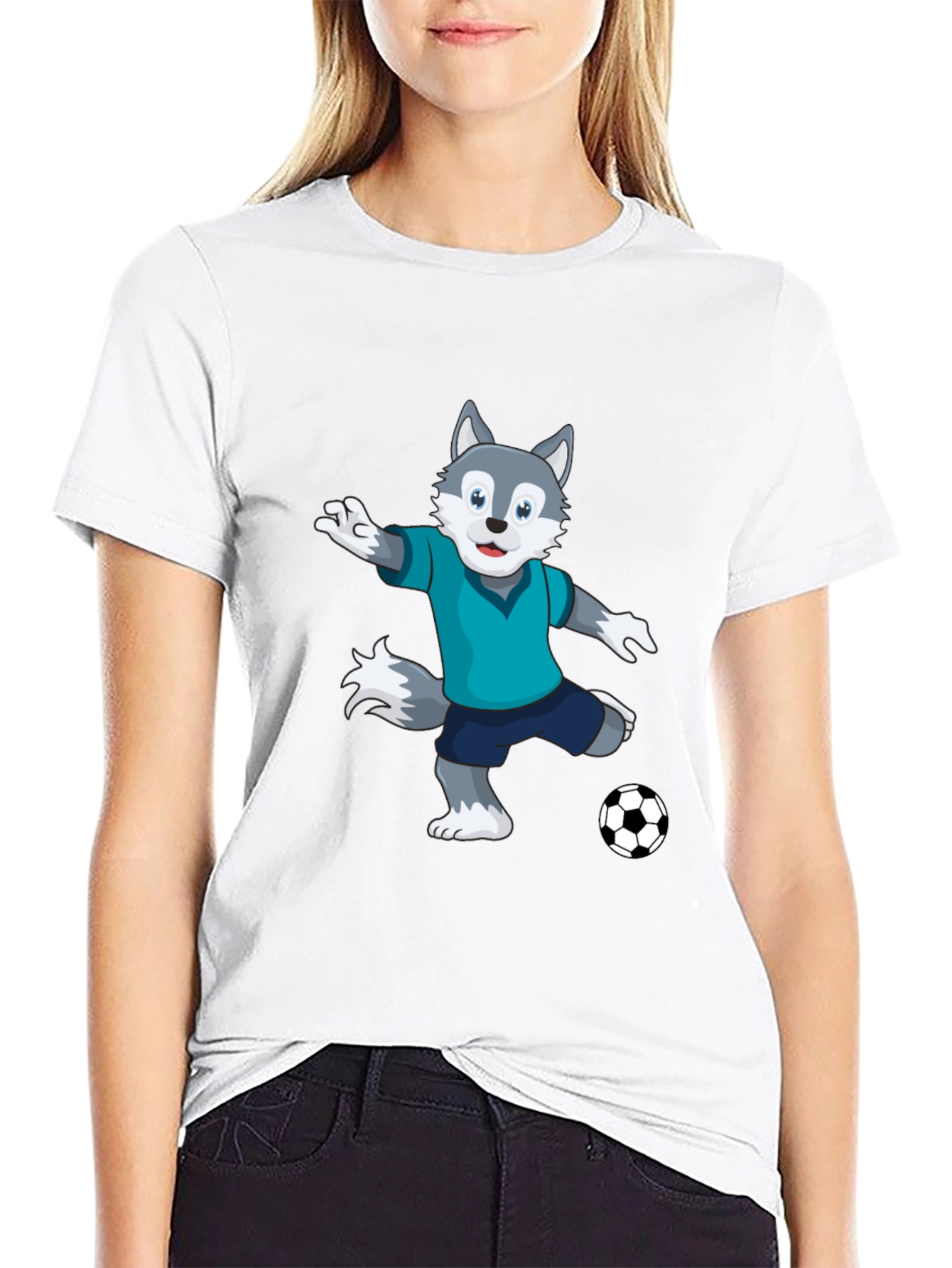 Cool Wolf Soccer Player Black T-Shirt
