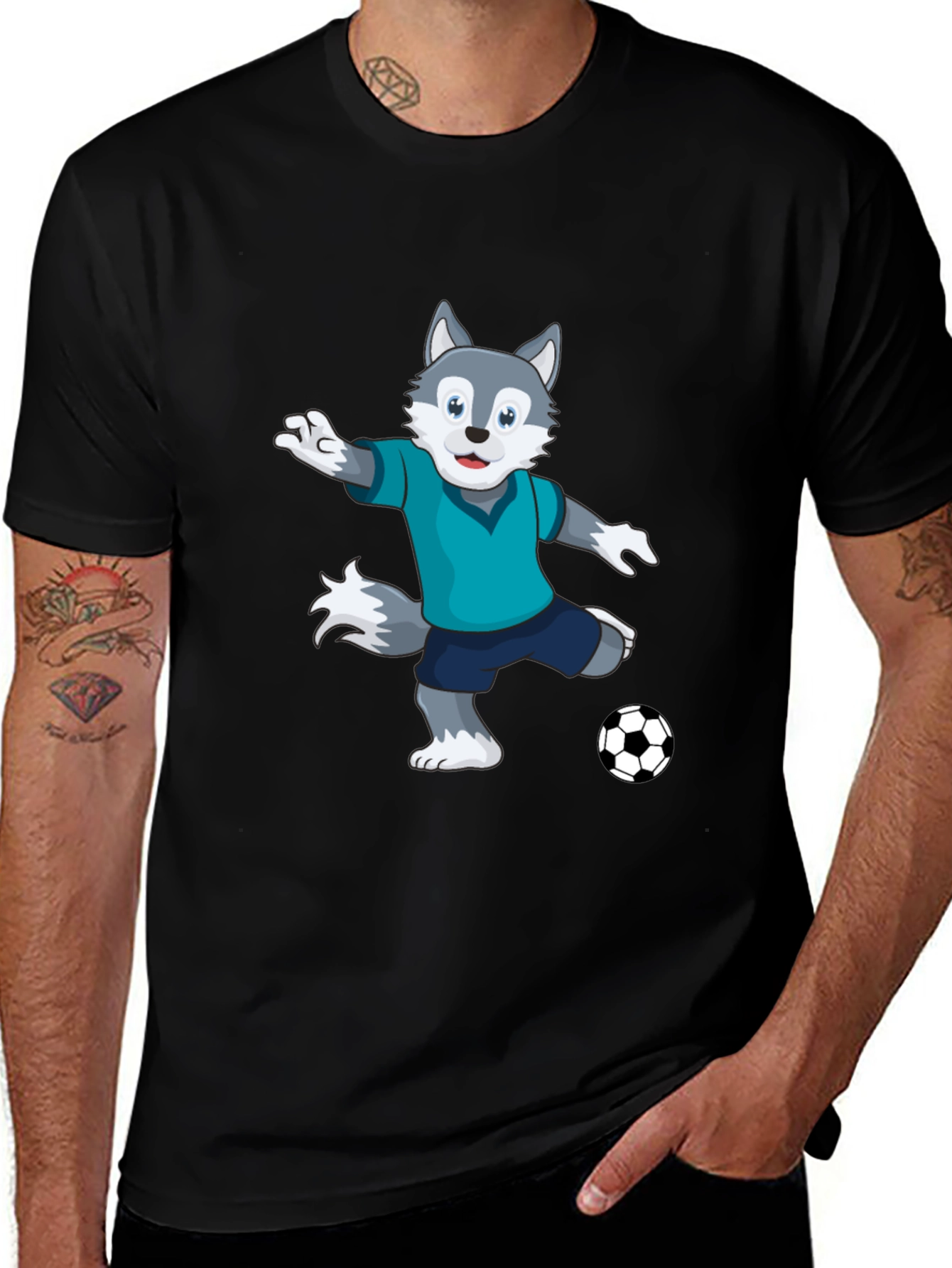 Cool Wolf Soccer Player Black T-Shirt